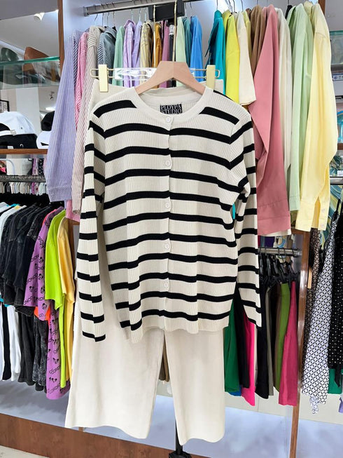 PLOYPA Casual Strip Cardigan With Loose Wide Leg Pants